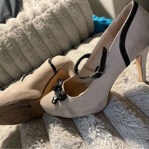 JustFab Beige Suede Mary Jane Heels with Black Patent Trim